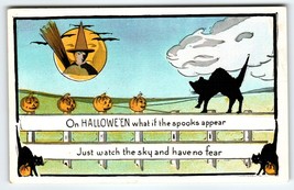 Halloween Postcard  Black Cat On Fence Witch Moon JOL Vintage Metropolitan News - $66.38