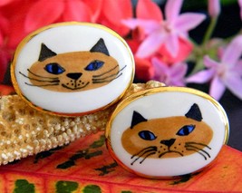 Vintage Victoria Flemming Cats Cufflinks Porcelain Enamel Smile Frown - £39.78 GBP