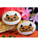 Vintage Victoria Flemming Cats Cufflinks Porcelain Enamel Smile Frown - £39.83 GBP