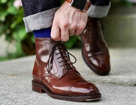 New Men&#39;s Handmade Brown Leather Ankle High Lace Up Style Cap Toe Dress Boots - £116.65 GBP+