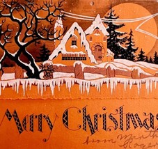 Merry Christmas Victorian Style Card Orange Black Lithograph 1910s PCBG11B - £19.29 GBP