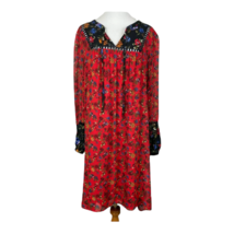 Kensie Dress Womens 1X Floral Shift Long Sheer Sleeve Tie V Neck Red Black Lined - £23.57 GBP