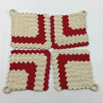 Vintage Handmade Crocheted Potholders Hot Dish Trivets Red and White Set 4 - £35.95 GBP
