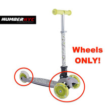 Kiddimoto Scooter Parts - 3x Neon Green Wheels + Bearings &amp; Pins 2 Fronts 1 Rear - £20.56 GBP