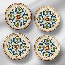 BOBBY FLAY SEVILLA FLORAL SCROLLS DOTS RED RIM 4 SALAD PLATES 8&quot; WIDE - $37.04