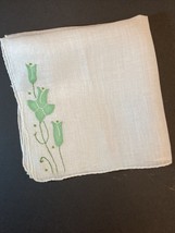 Vintage Rolled Edge  Green Flower Appliqué 11” HANKY Hankie Handkerchief - $14.84