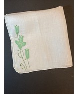 Vintage Rolled Edge  Green Flower Appliqué 11” HANKY Hankie Handkerchief - £11.67 GBP
