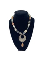 Peach and Gray Stone Necklace with Round Hammered Metal Pendant - £14.77 GBP