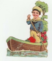 Vintage Valentine Card Boy in Boat Unused 1920&#39;s Die-Cut for Child - £7.64 GBP