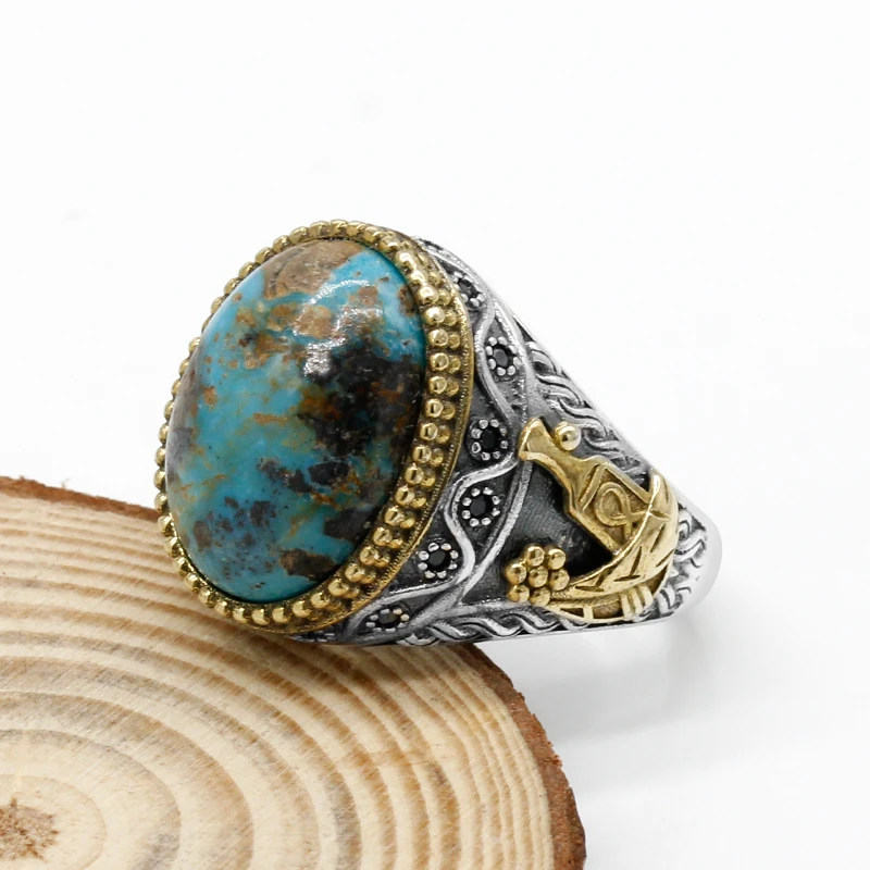 Vintage Turquoise Ring for Men 925 Sterling Silver Oval Natural Gemstone Lucky T - $69.85