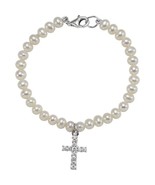 Sterling Silver Youth Freshwater Pearl &amp; CZ Cross Bracelet - €99,52 EUR