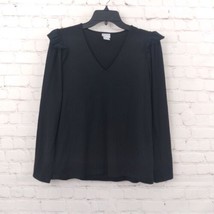 Chicos Top Shirt Womens 1 Medium Black Long Sleeve V Neck Ruffle Modal Pullover - £14.08 GBP