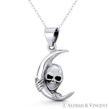 Skull Skeleton Head on Crescent Moon Charm Oxidized .925 Sterling Silver Pendant - £22.08 GBP+