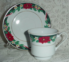 4 DECK THE HALLS COFFEE CUP SAUCER sets CHRISTMAS TIENSHAN POINSETTIA HO... - £12.95 GBP