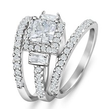 3pc 925 Sterling Silver Halo Princess Wedding Engagement Ring Set 4-10 Simulated - £44.26 GBP