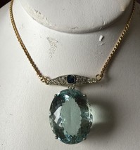 Huge VVS 46ct Aquamarine, Edwardian platinum, sapphire diamond 14k gold necklace - £15,962.04 GBP