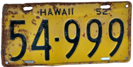 1952 Rare  Yellow Hawaii License Plate 54-999 Pre-Statehood - £111.88 GBP