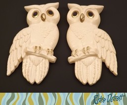 Pair of Vintage Miller Studio Inc Chalkware Owls - Off White with Gold Ca 1970&#39;s - £11.83 GBP