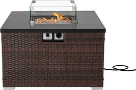 SUNBURY Outdoor Propane Burning Fire Table, Dark Brown Rattan Fire Fit Table 40, - £364.93 GBP