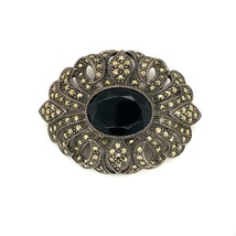 Vintage Sterling Sign Judith Jack Art Deco Filigree Marcasite Black Onyx Brooch - $84.15