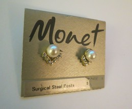 Monet Pierced Earrings Faux Pearl Rhinestones Designer New Old Stock on Card  - £7.89 GBP