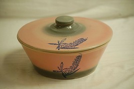 Old Vintage Stoneware Pink &amp; Gray Covered Vegetable Bowl Blue Flower Stamp MCM a - £31.57 GBP