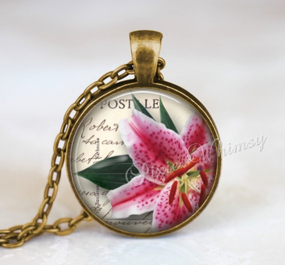 STARGAZER LILY Necklace, Lily Pendant, Lily Flower Keychain, Lily Necklace, Pink - $12.95