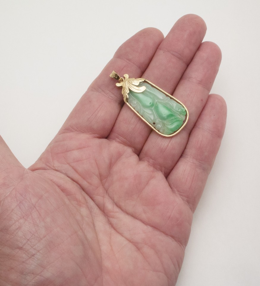 SMALL JADE 14K GOLD PENDANT SIGNED CARVED 2-SIDED NECKLACE GREEN WHITE 1.75” 14k Item image 4