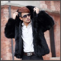 Men's Long Sleeve Hooded Front Zip Up Long Hair Faux Fur Coat Jacket w/ Pockets 