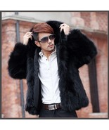 Men&#39;s Long Sleeve Hooded Front Zip Up Long Hair Faux Fur Coat Jacket w/ ... - £159.41 GBP