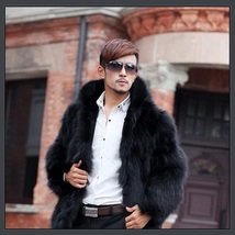 Men's Long Sleeve Hooded Front Zip Up Long Hair Faux Fur Coat Jacket w/ Pockets  image 2