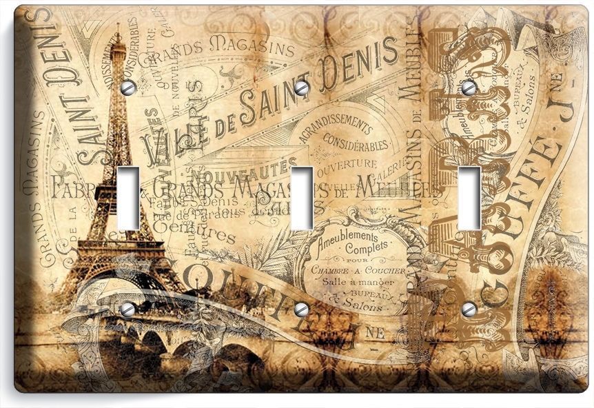 PARIS EIFFEL TOWER VITAGE POSTER TRIPLE LIGHT SWITCH WALL PLATE COVER HOME DECOR