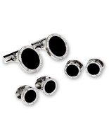 Screw Head Border Silver Plate with Black Onyx Center Studs and Cufflink... - €81,02 EUR
