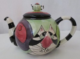 Clancy Cat Zebra Ceramic Teapot Blue Sky Clayworks Lynda Corneille Artist - £39.87 GBP