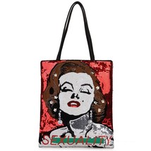 Ening tote bag sequin pu leather with lovely lady face funky paillette shoulder handbag thumb200