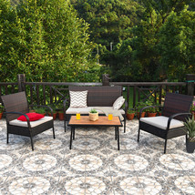 4Pcs Rattan Patio Conversation Set Outdoor Furniture Set Cushioned - £287.80 GBP