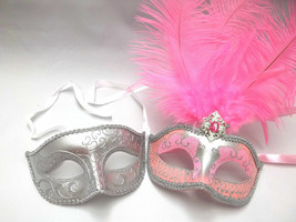 Silver Pink Couples Man Woman Prom Masquerade Mardi Gras Masks Male Female Set - £22.67 GBP