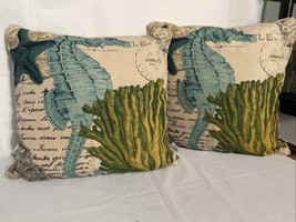 (2) Thro by Marlo Lorenz Aquatic Nautical Seahorse Pillows Letters Mail Tan Blue - £38.52 GBP