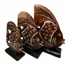 Balinese Wood Handicrafts Tropical Floral Angel Fish Family Set of 3 Fig... - £25.57 GBP