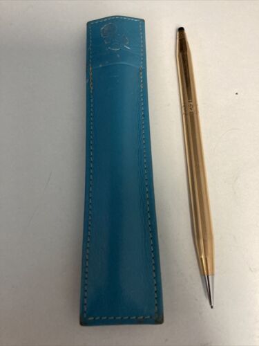 Cross Ladies 14K GF Century Etched Pencil &amp; Blue Leather Purse Pouch Pro... - $49.45
