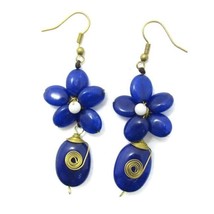 Romantic Blue Quartz Floral Teardrop Brass Earrings - £11.03 GBP