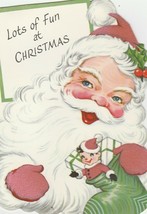Vintage Christmas Card Santa Claus Stocking Elf Toy Flocked 1960&#39;s - £8.69 GBP