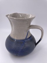  Pottery 6 in Pitcher Handmade Earthtone and Blue Rounded bottom  - $28.70