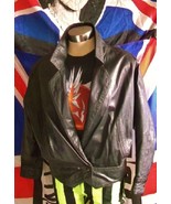 retro style crop black leather jacket.size 12.X-over, 2stud waist button - £63.16 GBP