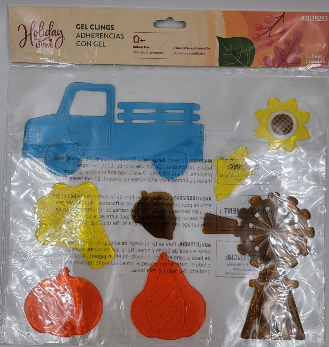 Primary image for Holiday Living Colorful Gel Window Clings Windmill Blue Truck Fruit Acorn Corn