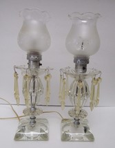 VINTAGE Glass Crystal Electric Hurricane Frosted Shade Table Mantle Lamp (2) - £94.30 GBP