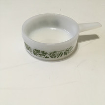 Vintage milk glass ovenware small dish bowl with handle and green herb p... - $19.75