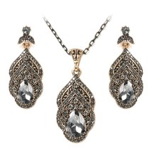 Luxury Gray Crystal Flower Earring Necklace For Women Vintage Jewelry Sets Antiq - £10.39 GBP