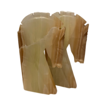 Antique Carved Onyx 2 Horse Head Bookend Figure Paper Weight Yellow-Brown 10&quot;H - £62.34 GBP