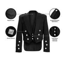 Wool Highland Prince Charlie Jacket &amp; Waistcoat Vest Black Charlie Kilt Jacket - - £98.98 GBP